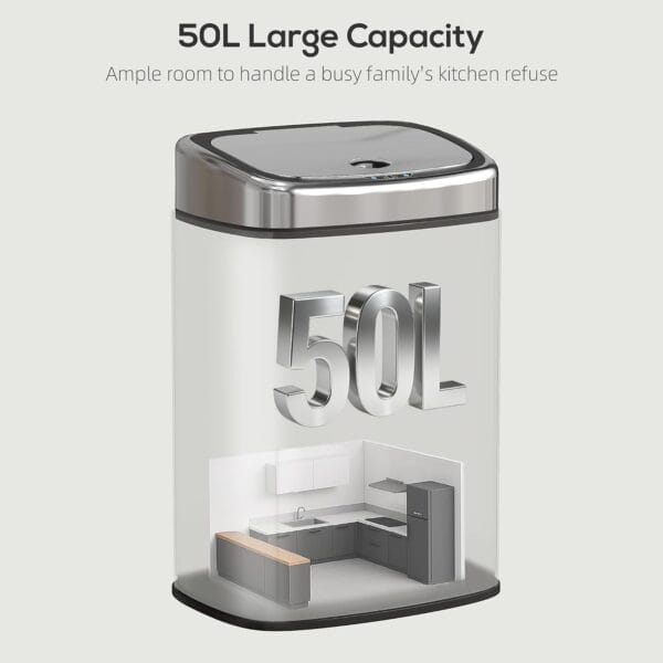 6123AFcFb+L._SL1500_ HOMCOM 50L Sensor Bin with Soft-Close Lid Automatic Kitchen Bin Silver Tone Electronic Touchless Motion Sensor