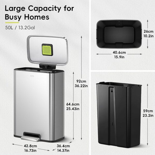 EKO Madison Brushed Stainless 50 Liter/13.2 Gallon Step Trash Can with Inner Liner