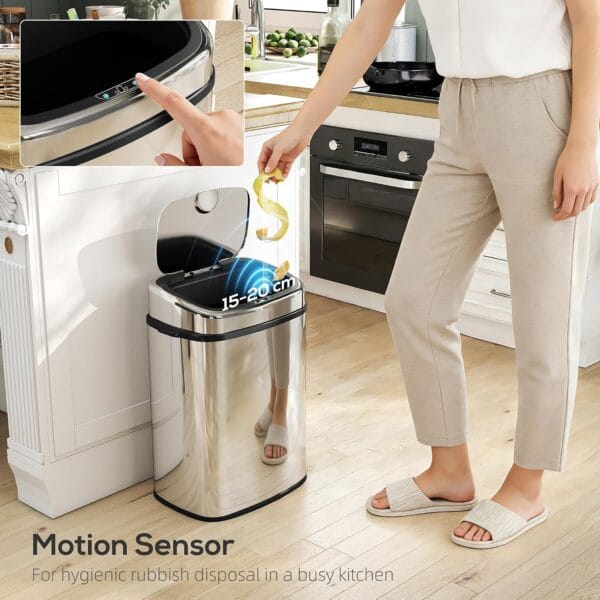 81nMuxDc-eL._SL1500_ HOMCOM 50L Sensor Bin with Soft-Close Lid Automatic Kitchen Bin Silver Tone Electronic Touchless Motion Sensor